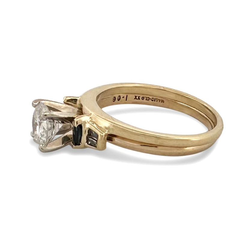 0.79ctw Round Brilliant & Tapered Baguette Natural Diamond with Sapphires Wedding Set in 14k Two-tone Gold