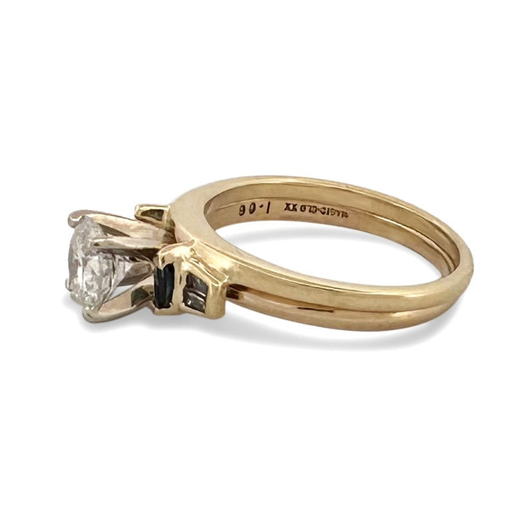 0.79ctw Round Brilliant & Tapered Baguette Natural Diamond with Sapphires Wedding Set in 14k Two-tone Gold