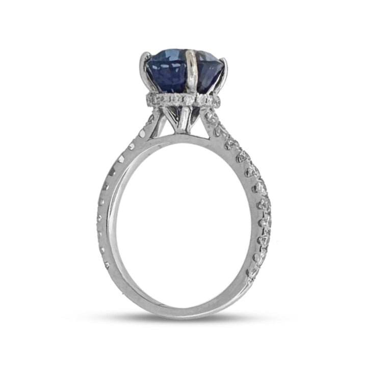 3.19cts Oval Blue Sapphire & Round Brilliant Diamond Hidden Halo Cocktail Ring in 18k White Gold