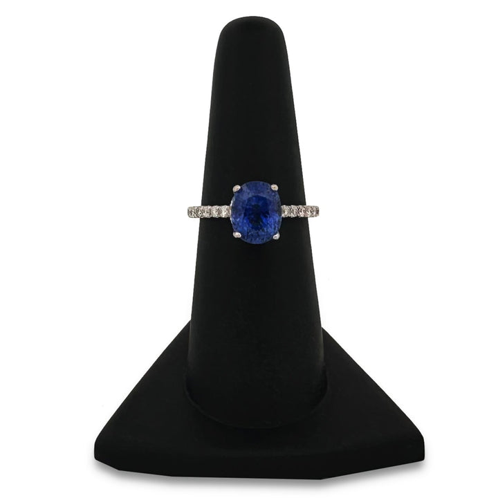 3.19cts Oval Blue Sapphire & Round Brilliant Diamond Hidden Halo Cocktail Ring in 18k White Gold
