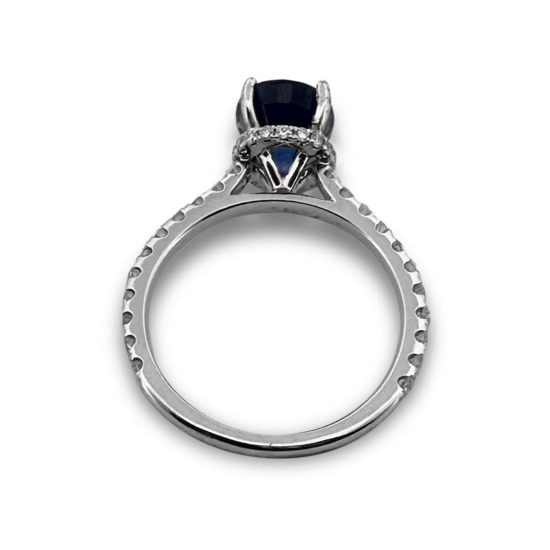 3.19cts Oval Blue Sapphire & Round Brilliant Diamond Hidden Halo Cocktail Ring in 18k White Gold