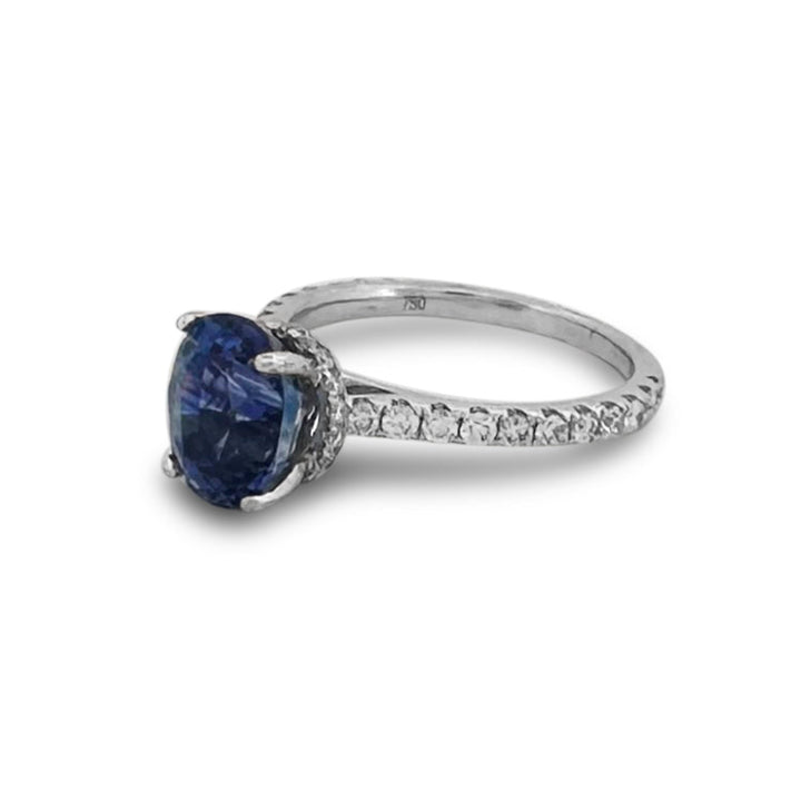 3.19cts Oval Blue Sapphire & Round Brilliant Diamond Hidden Halo Cocktail Ring in 18k White Gold
