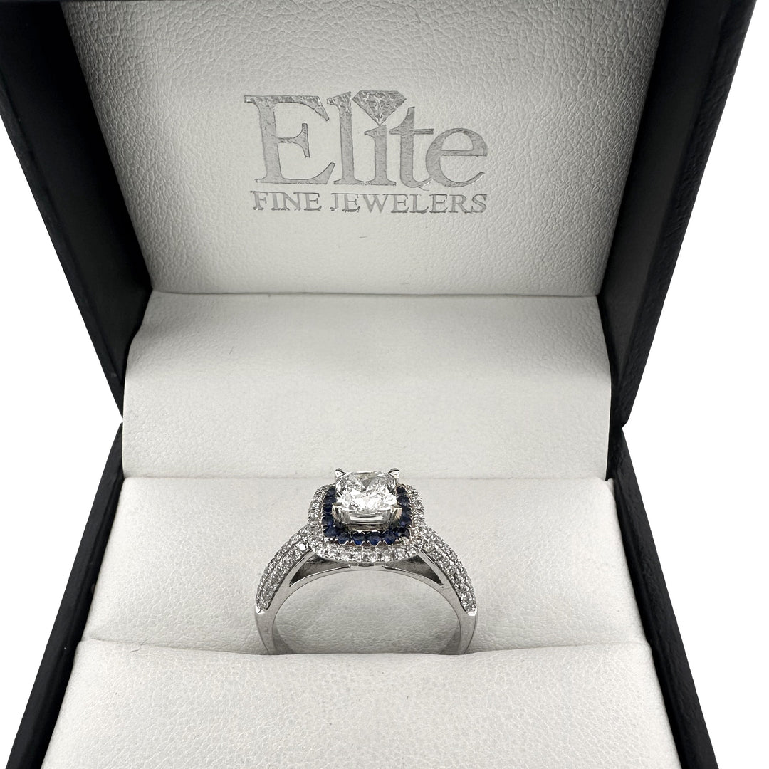 Cushion Cut Diamond with Round Brilliant Diamond and Sapphire Double Halo Engagement Ring in 14k White Gold