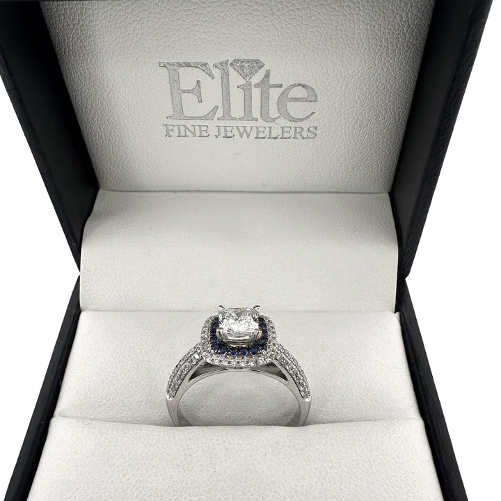 Cushion Cut Diamond with Round Brilliant Diamond and Sapphire Double Halo Engagement Ring in 14k White Gold