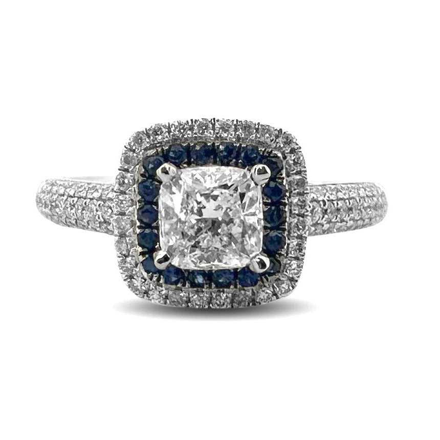 Cushion Cut Diamond with Round Brilliant Diamond and Sapphire Double Halo Engagement Ring in 14k White Gold