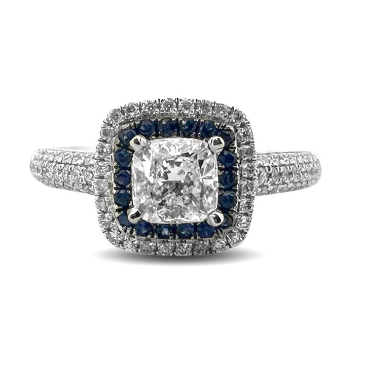 Cushion Cut Diamond with Round Brilliant Diamond and Sapphire Double Halo Engagement Ring in 14k White Gold