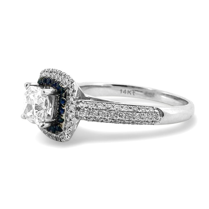 Cushion Cut Diamond with Round Brilliant Diamond and Sapphire Double Halo Engagement Ring in 14k White Gold