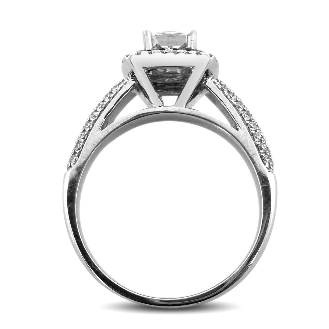 Cushion Cut Diamond with Round Brilliant Natural Diamond and Sapphire Double Halo Engagement Ring in 14k White Gold