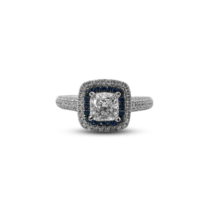 Cushion Cut Diamond with Round Brilliant Diamond and Sapphire Double Halo Engagement Ring in 14k White Gold