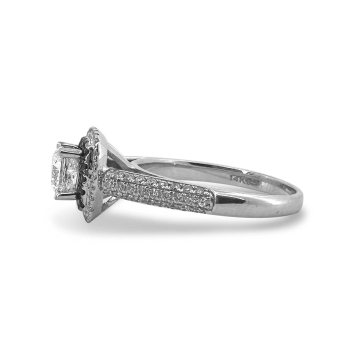 Cushion Cut Diamond with Round Brilliant Diamond and Sapphire Double Halo Engagement Ring in 14k White Gold