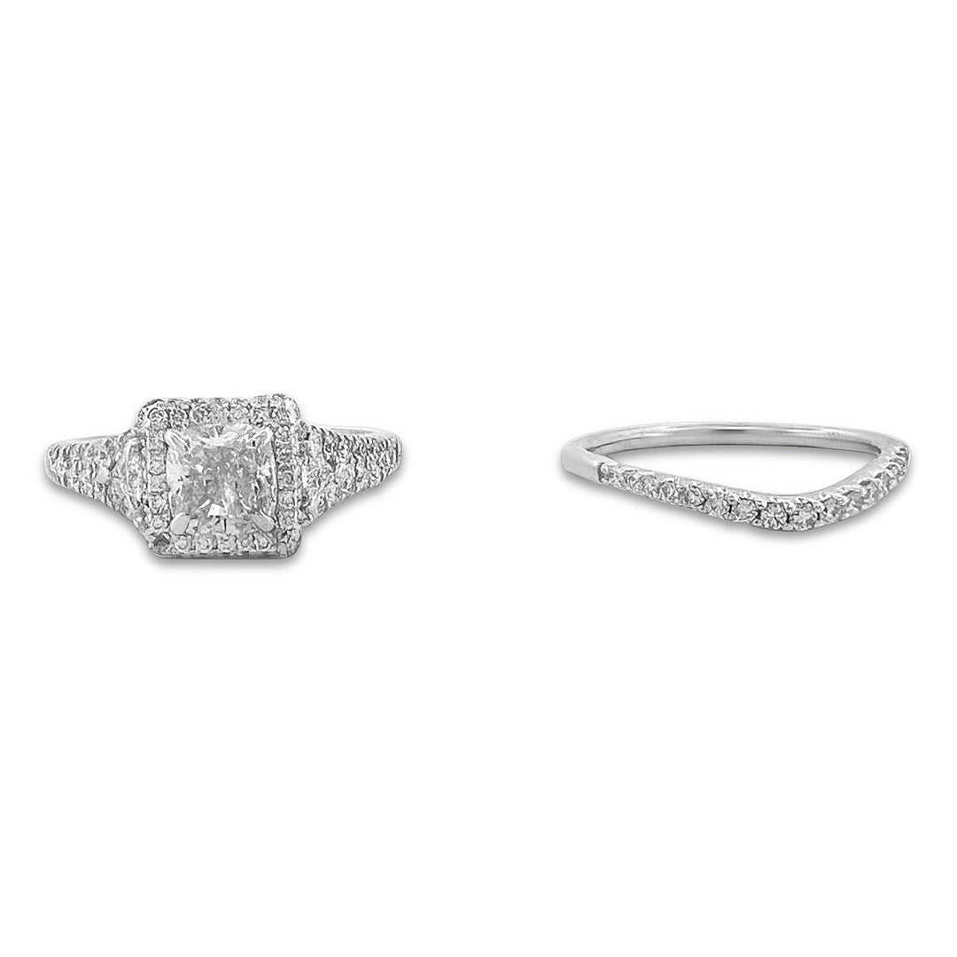 1.87ctw Cushion Cut with Triangle Sides & Double Halo Wedding Set in 14k White Gold