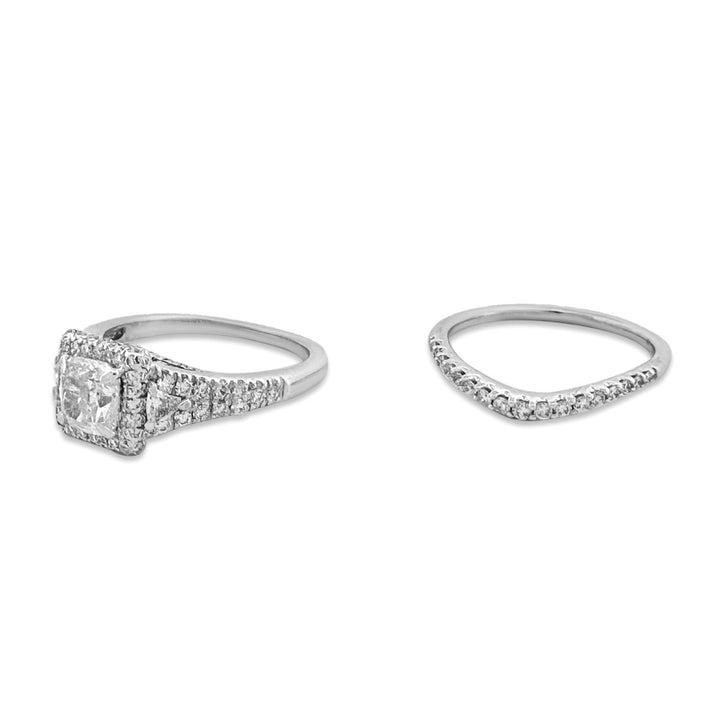 1.87ctw Cushion Cut with Triangle Sides & Double Halo Wedding Set in 14k White Gold