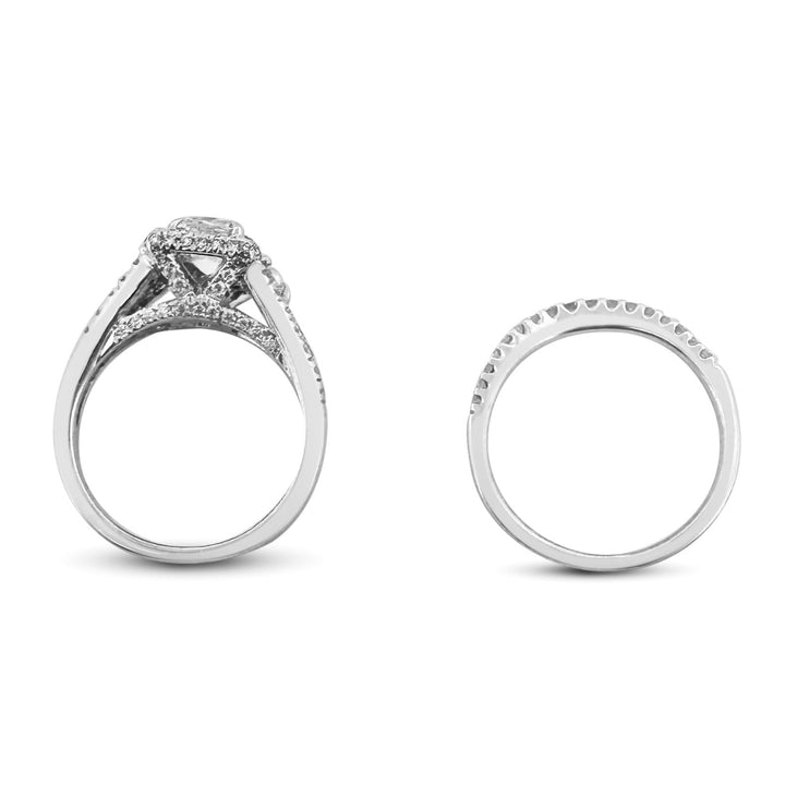 1.87ctw Cushion Cut with Triangle Sides & Double Halo Wedding Set in 14k White Gold