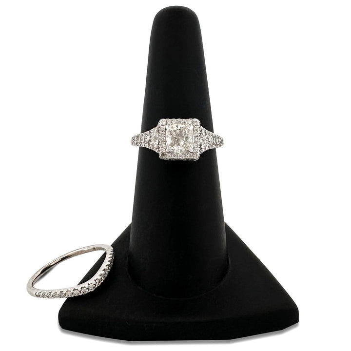 1.87ctw Cushion Cut with Triangle Sides & Double Halo Wedding Set in 14k White Gold