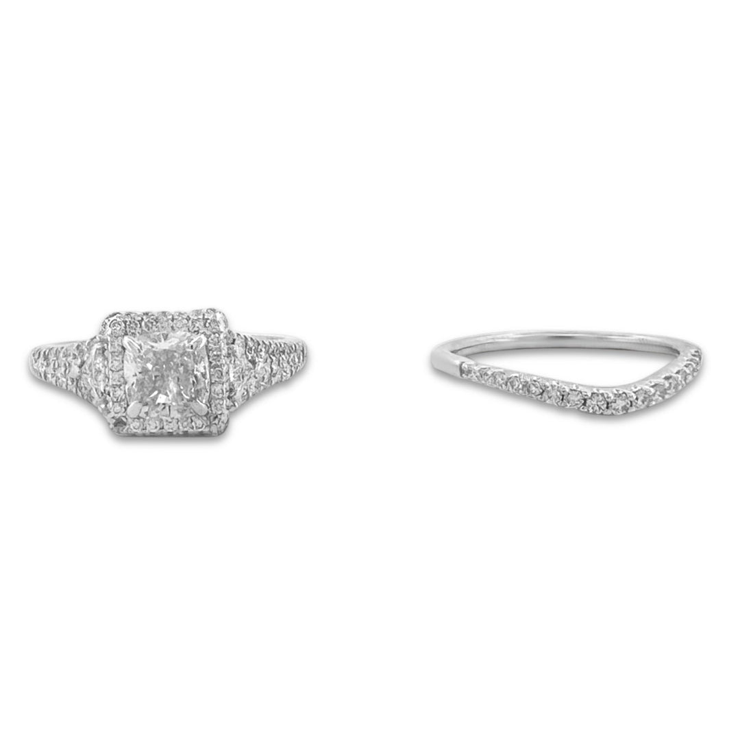 1.87ctw Cushion Cut with Triangle Sides & Double Halo Wedding Set in 14k White Gold