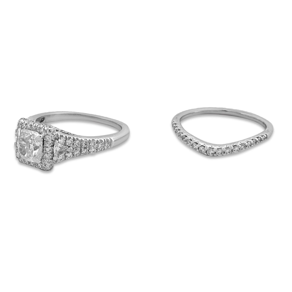 1.87ctw Cushion Cut with Triangle Sides & Double Halo Wedding Set in 14k White Gold