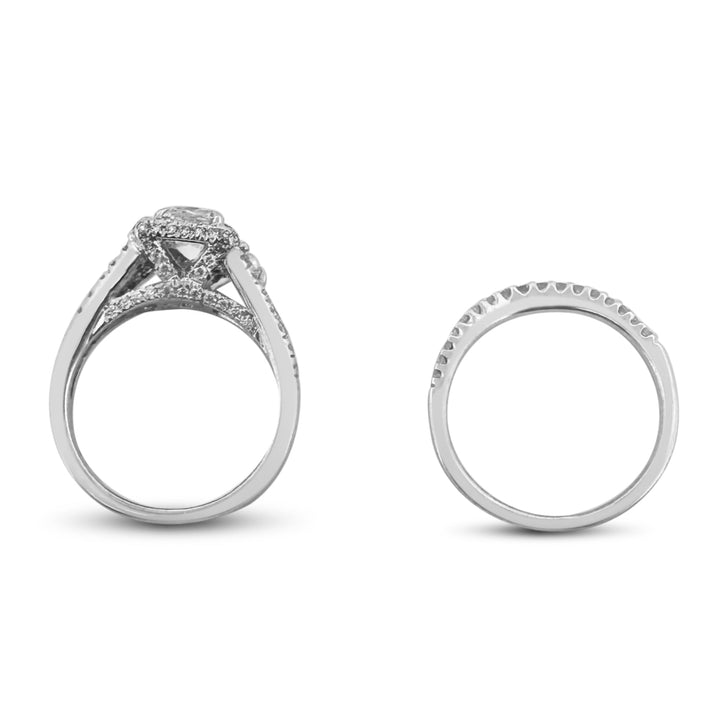 1.87ctw Cushion Cut with Triangle Sides & Double Halo Wedding Set in 14k White Gold