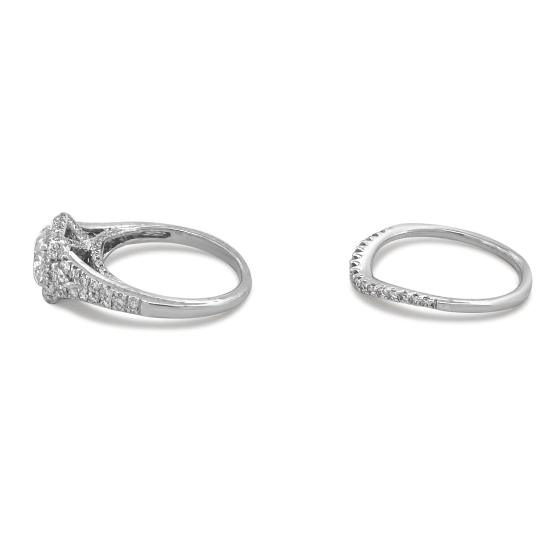 1.87ctw Cushion Cut with Triangle Sides & Double Halo Wedding Set in 14k White Gold