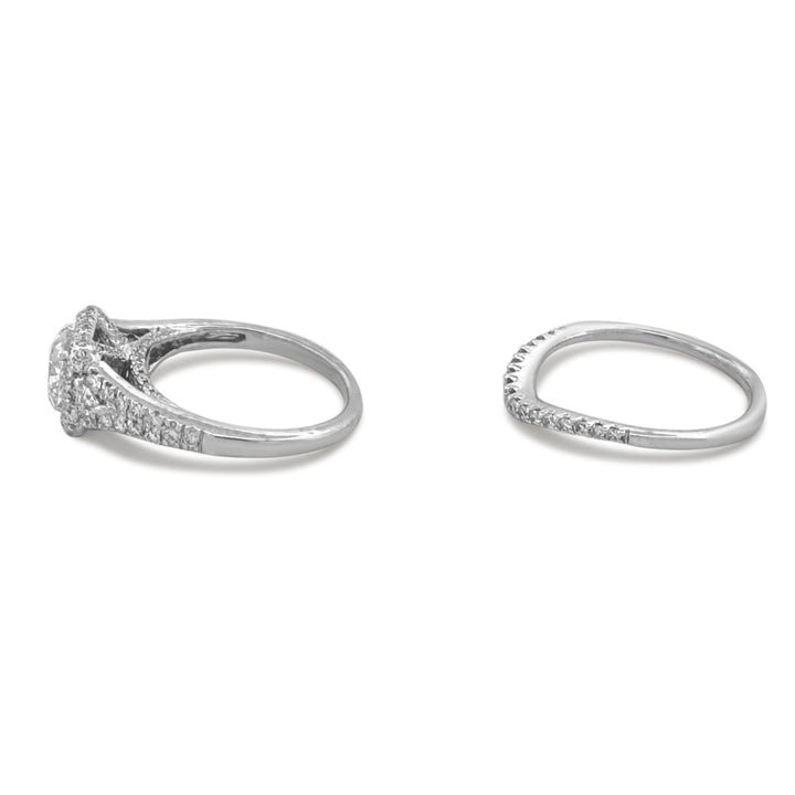 1.87ctw Cushion Cut with Triangle Sides & Double Halo Wedding Set in 14k White Gold