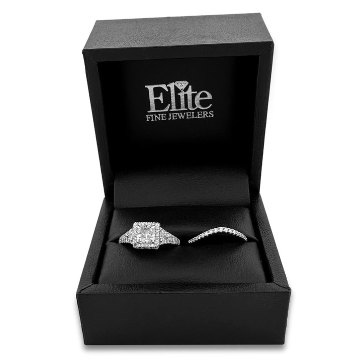 1.87ctw Cushion Cut with Triangle Sides & Double Halo Wedding Set in 14k White Gold