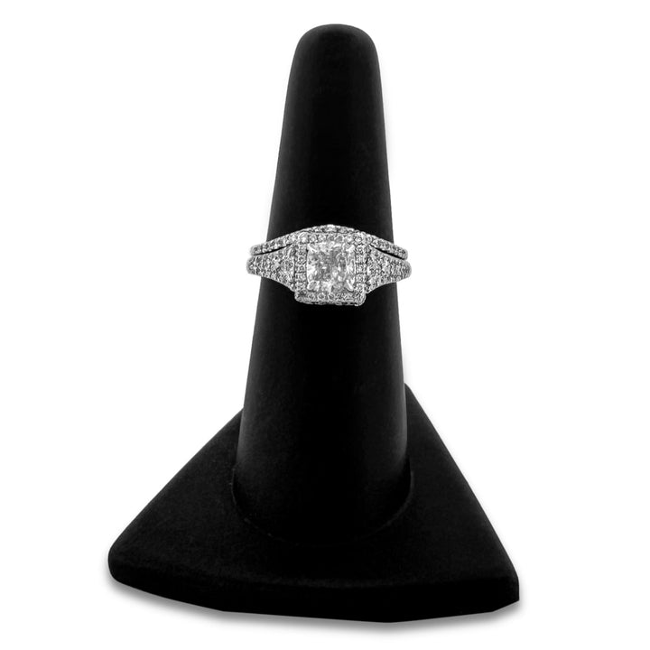 1.87ctw Cushion Cut with Triangle Sides & Double Halo Wedding Set in 14k White Gold