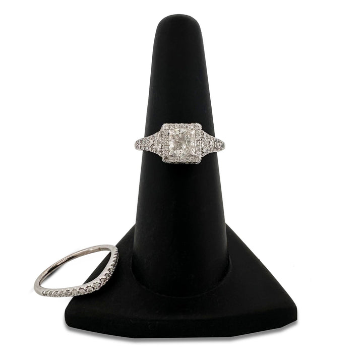 1.87ctw Cushion Cut with Triangle Sides & Double Halo Wedding Set in 14k White Gold