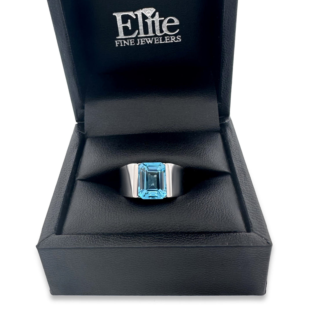 Emerald-Cut Blue Topaz Cocktail Ring in 18k White Gold