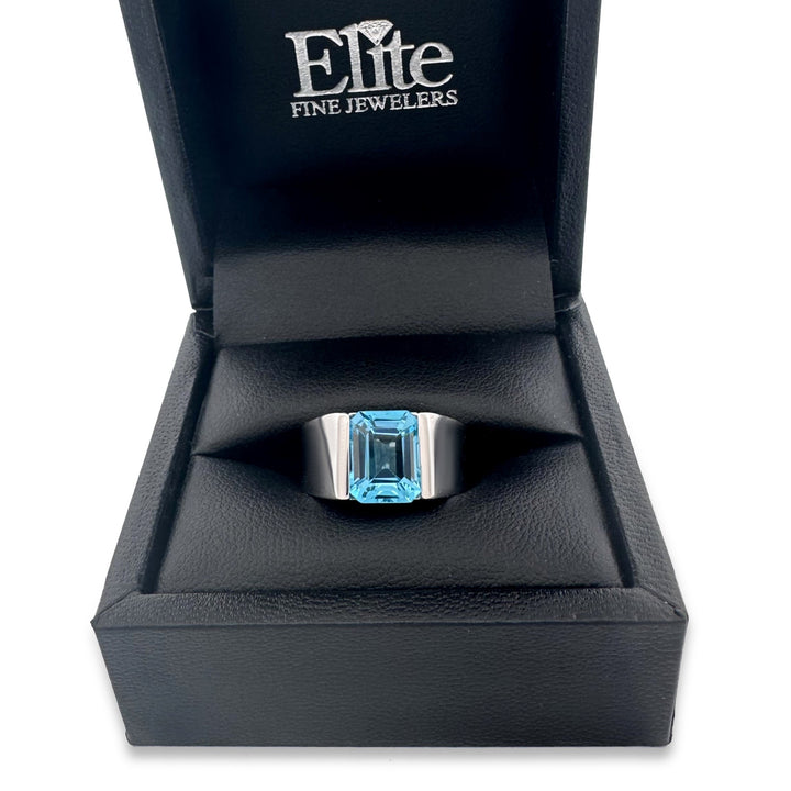 Emerald-Cut Blue Topaz Cocktail Ring in 18k White Gold