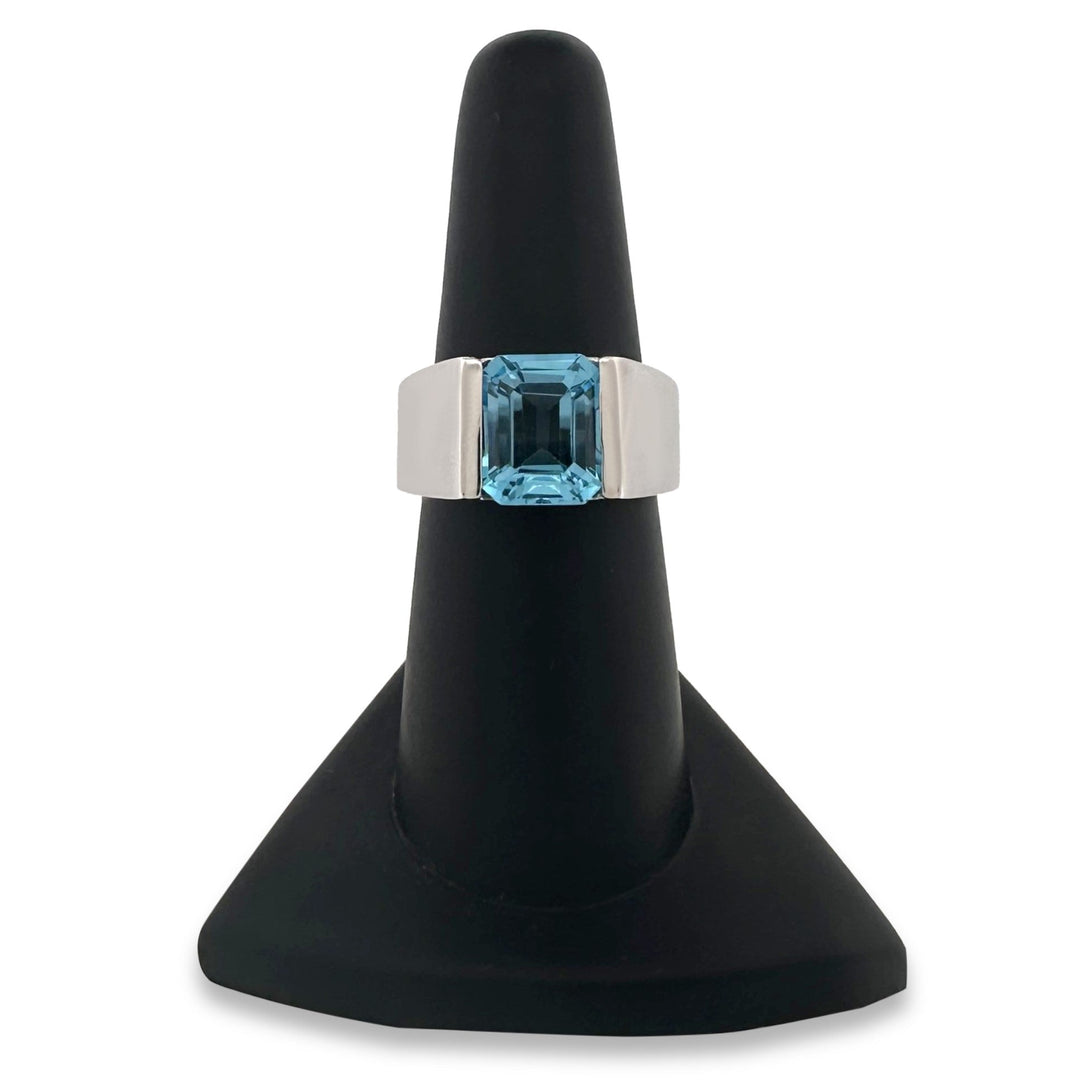 Emerald-Cut Blue Topaz Cocktail Ring in 18k White Gold