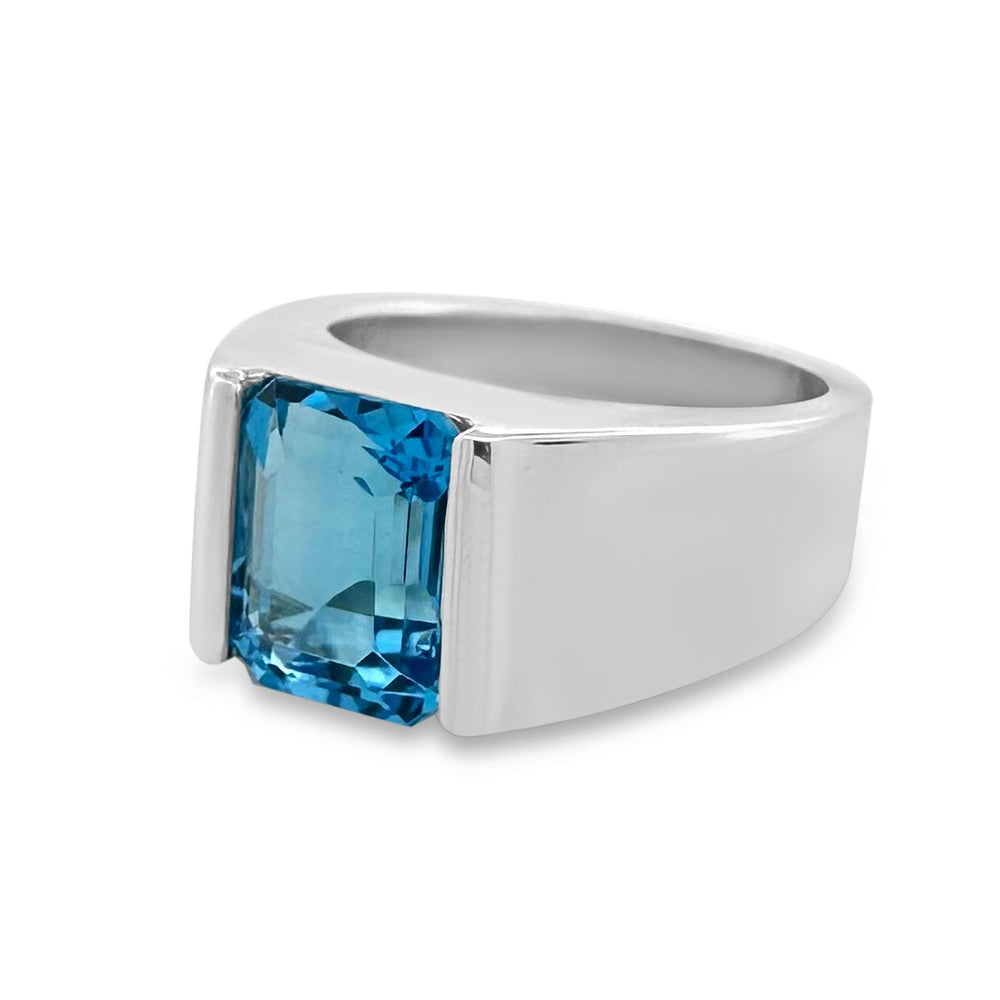 Emerald-Cut Blue Topaz Cocktail Ring in 18k White Gold