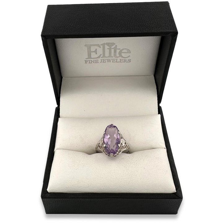 Art Deco Oval Amethyst Filigree Cocktail Ring in 14k White Gold
