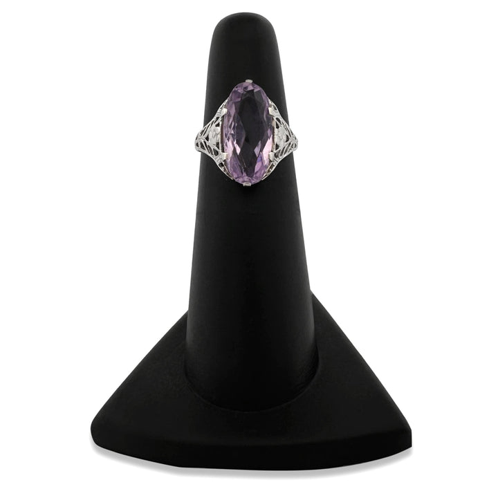 Art Deco Oval Amethyst Filigree Cocktail Ring in 14k White Gold