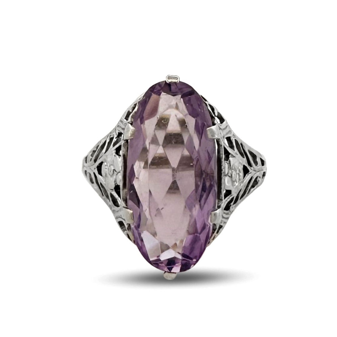 Art Deco Oval Amethyst Filigree Cocktail Ring in 14k White Gold