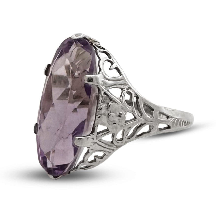 Art Deco Oval Amethyst Filigree Cocktail Ring in 14k White Gold