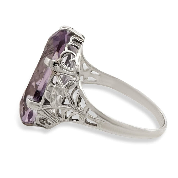 Art Deco Oval Amethyst Filigree Cocktail Ring in 14k White Gold