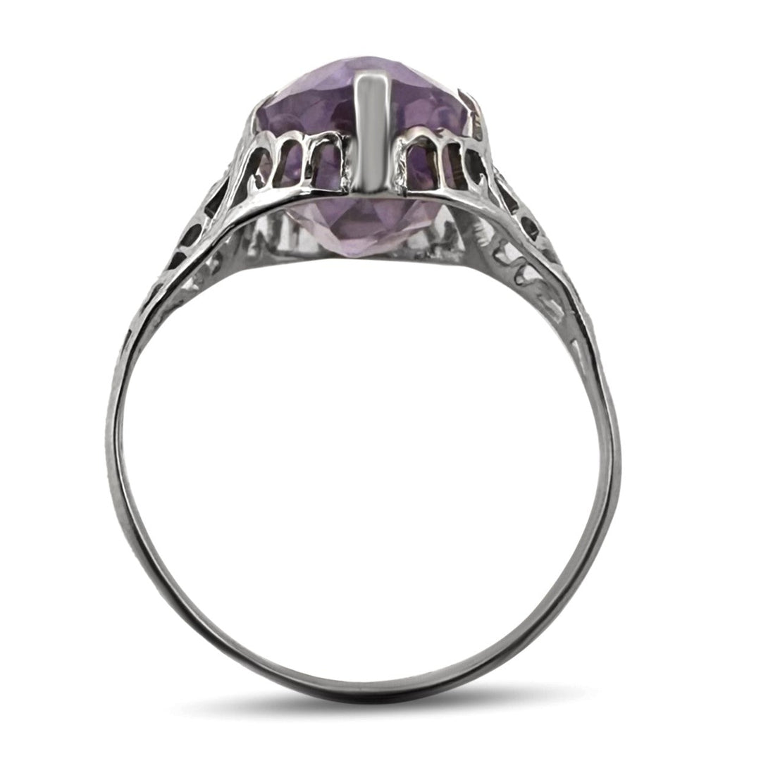 Art Deco Oval Amethyst Filigree Cocktail Ring in 14k White Gold
