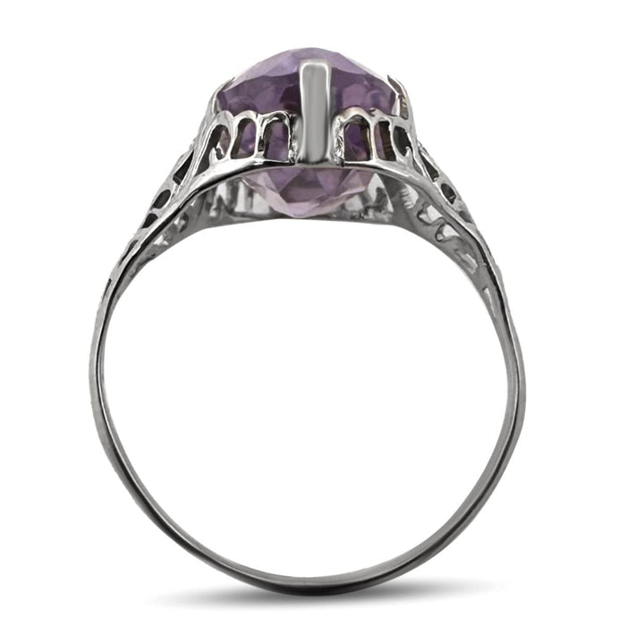 Art Deco Oval Amethyst Filigree Cocktail Ring in 14k White Gold