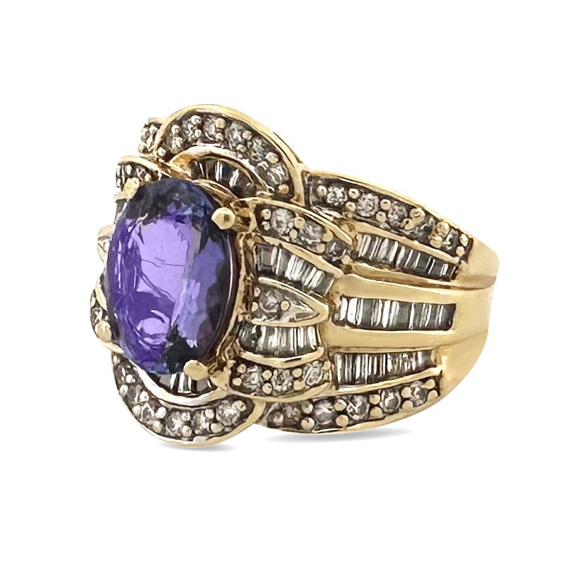 Oval Tanzanite & Natural Diamond Cocktail Ring in 18k Yellow Gold
