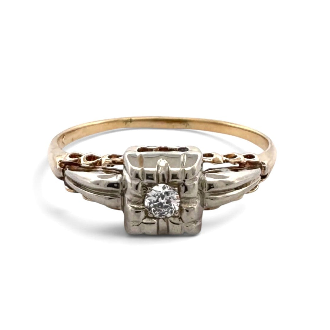 Vintage 0.07ct Old European Cut Natural Diamond Solitaire Engagement Ring in 14k Two-Tone Gold