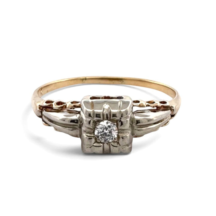 Vintage 0.07ct Old European Cut Natural Diamond Solitaire Engagement Ring in 14k Two-Tone Gold