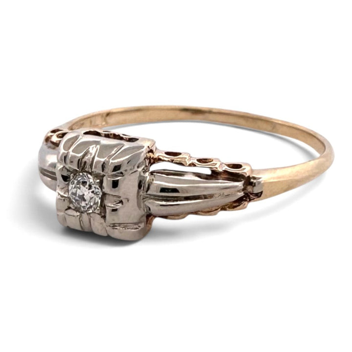 Vintage 0.07ct Old European Cut Natural Diamond Solitaire Engagement Ring in 14k Two-Tone Gold