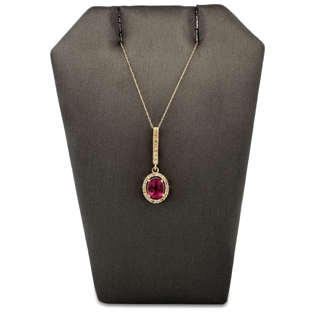Checkerboard Cut Oval Pink Tourmaline & Round Brilliant Natural Diamond Halo Pendant Necklace in 18k Yellow Gold
