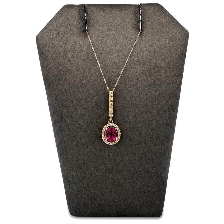 Checkerboard Cut Oval Pink Tourmaline & Round Brilliant Natural Diamond Halo Pendant Necklace in 18k Yellow Gold