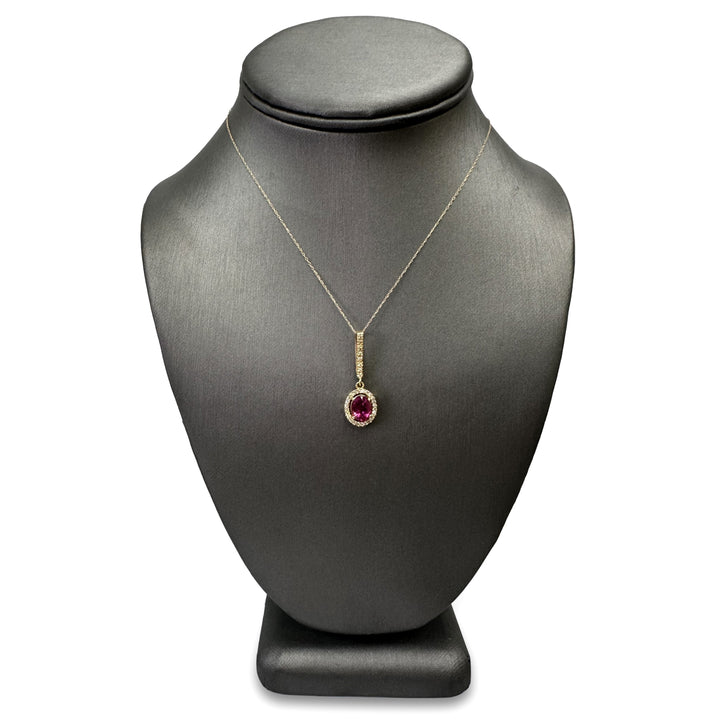 Checkerboard Cut Oval Pink Tourmaline & Round Brilliant Natural Diamond Halo Pendant Necklace in 18k Yellow Gold