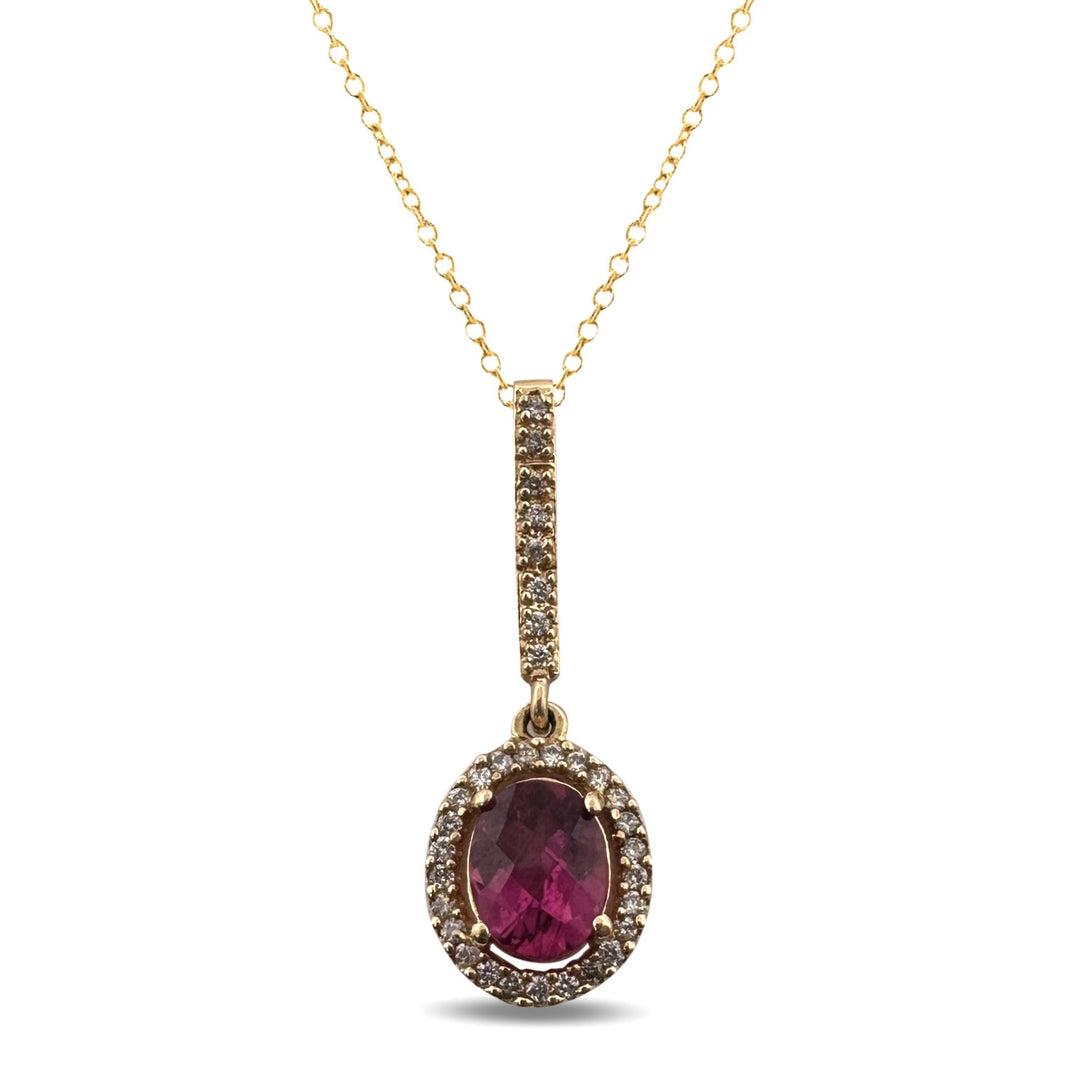 Checkerboard Cut Oval Pink Tourmaline & Round Brilliant Natural Diamond Halo Pendant Necklace in 18k Yellow Gold