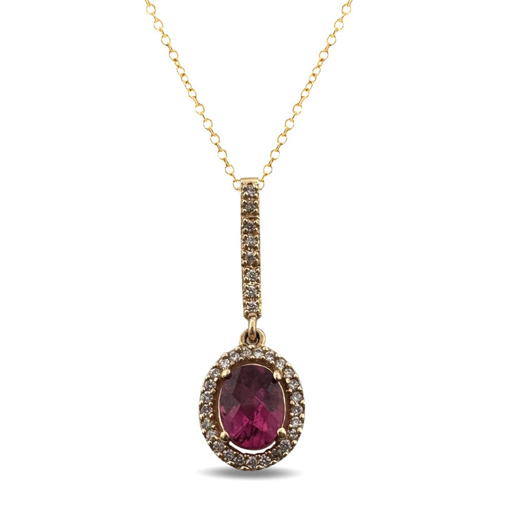 Checkerboard Cut Oval Pink Tourmaline & Round Brilliant Natural Diamond Halo Pendant Necklace in 18k Yellow Gold