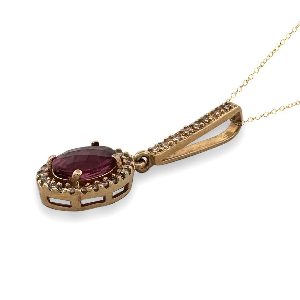 Checkerboard Cut Oval Pink Tourmaline & Round Brilliant Natural Diamond Halo Pendant Necklace in 18k Yellow Gold