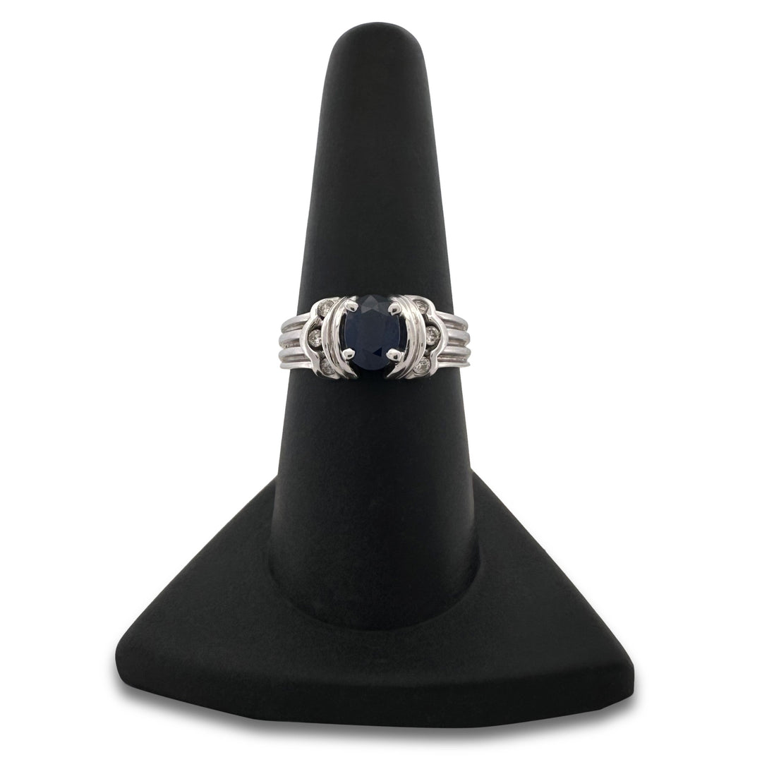 Oval Blue Sapphire & Round Brilliant Diamond Cocktail Ring in 14k White Gold