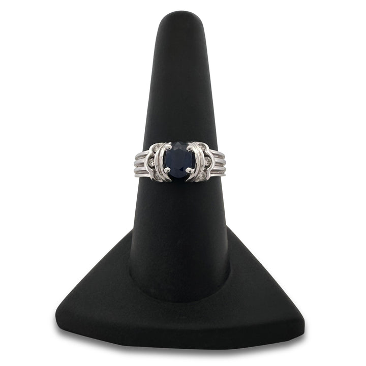 Oval Blue Sapphire & Round Brilliant Diamond Cocktail Ring in 14k White Gold