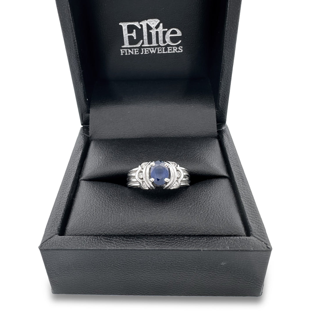 Oval Blue Sapphire & Round Brilliant Diamond Cocktail Ring in 14k White Gold